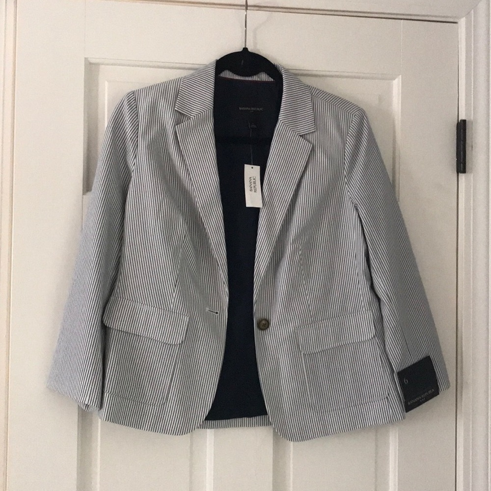 Navy and white striped banana republic blazer